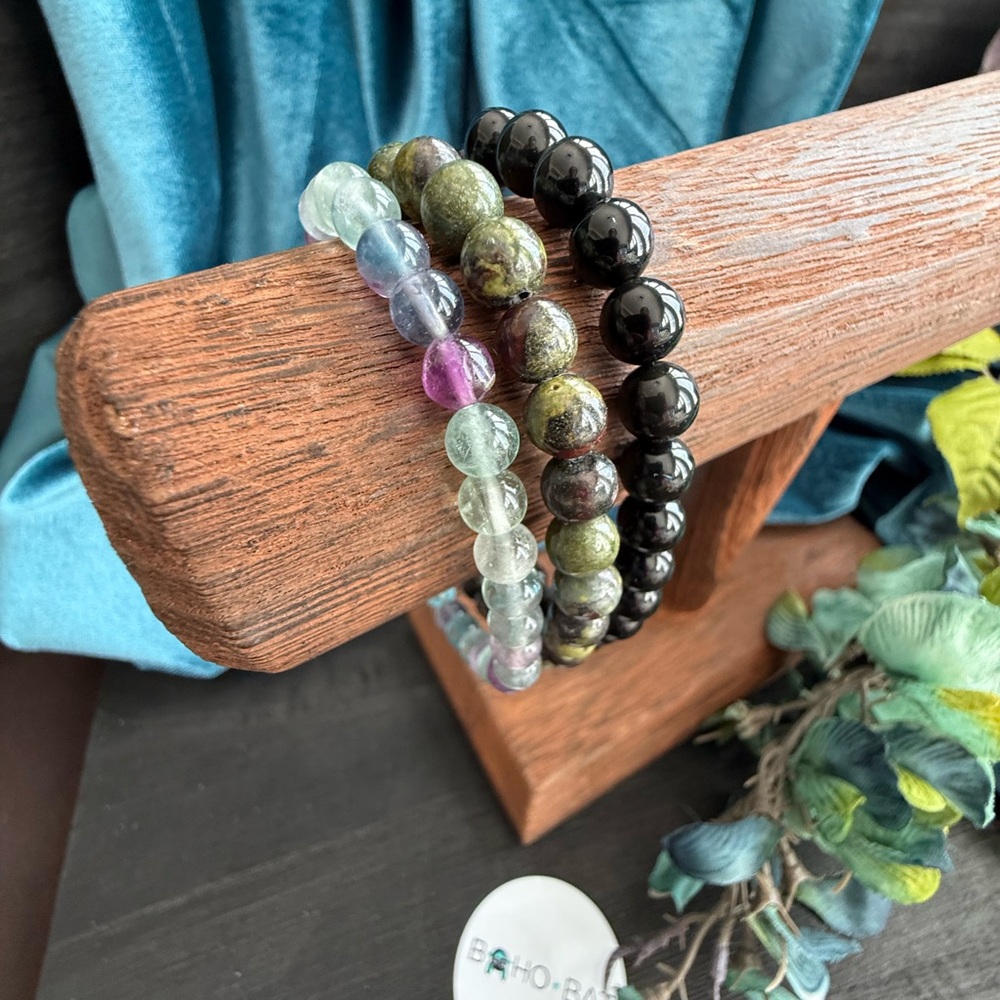 Trio of Natural Stone Bracelets – Dragon’s Blood Jasper, Obsidian & Fluorite